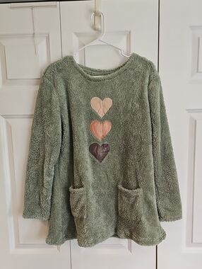 Cozy Sage Green Plush Sweater with Heart Appliqués